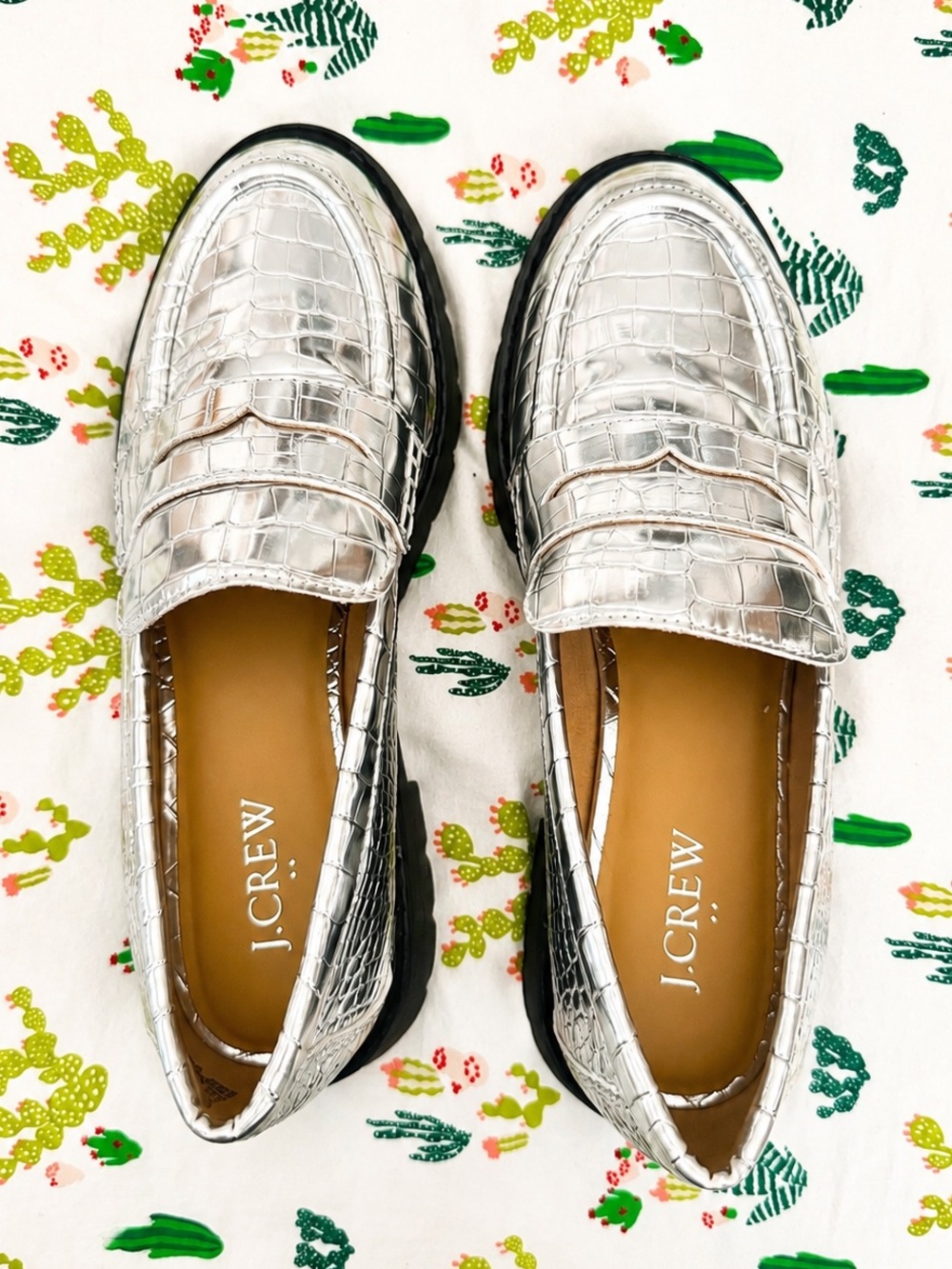 J.Crew Winona Metallic Silver Croc Leather Lug Sole Penny Loafers | Size 8.5